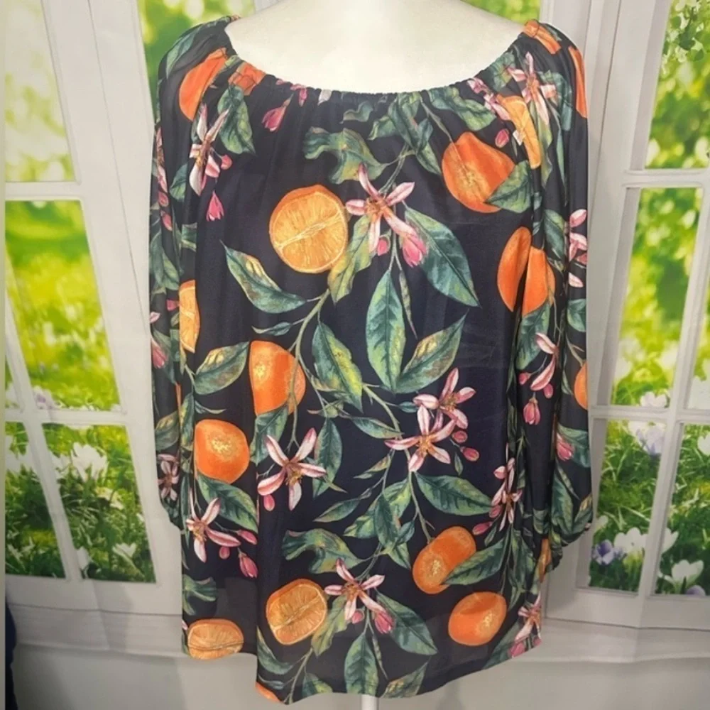 G by Giuliana Orange Citrus Floral Black Off Shoulder Mesh Blouse Long Sleeve XS - Picture 3 of 4